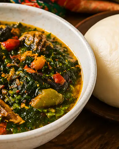 Zuppa di verdure con garri, semo o fufu